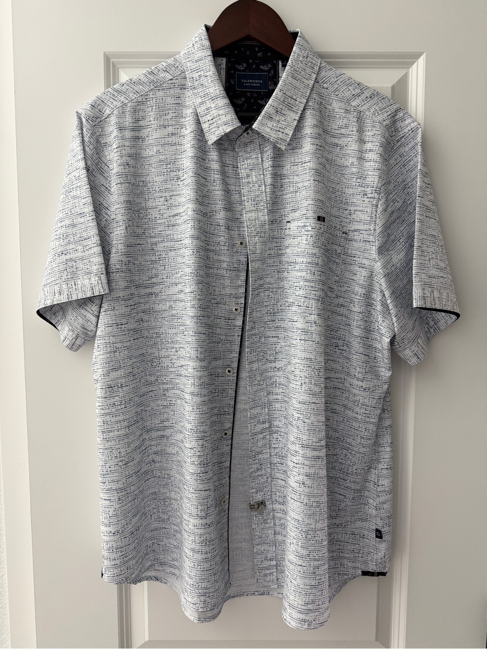 7 Diamonds Men’s Short-Sleeve Button-Down Shirt — White with Blue Pattern
